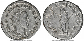 Philip II, as Augustus (AD 247-249). AR antoninianus (21mm, 4.73 gm, 7h). NGC Choice AU 4/5 - 4/5. Rome. IMP PHILIPPVS AVG, radiate, draped and cuiras...
