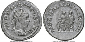 Philip II, as Augustus (AD 247-249). AR antoninianus (23mm, 6h). NGC AU. Rome, AD 247-249. IMP PHILIPPVS AVG, radiate, draped and cuirassed bust of Ph...