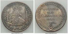 Ferdinand VII silver "Proclamation" Medal of 8 Reales 1808 XF (Holed), Potosi mint, Medina-346, Fonrobert-9392. 40mm. 26.93gm. OPTIMO PRINC PUBLICE FI...