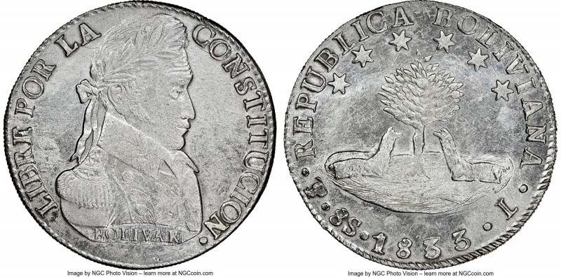 Republic 8 Soles 1833 PTS-L UNC Details (Cleaned) NGC, Potosi mint, KM97. Rare a...