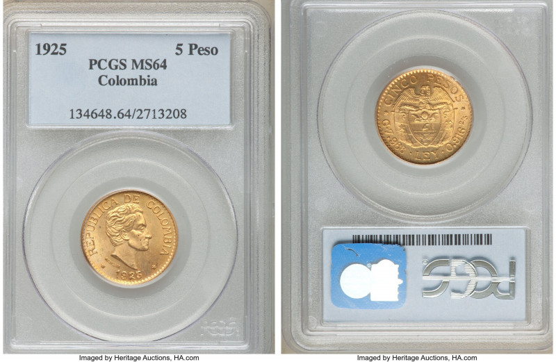 Republic gold 5 Peso 1925 MS64 PCGS, Medellin (MFDFLLIN) mint, KM204. Orange-pee...