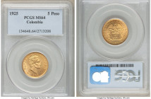 Republic gold 5 Peso 1925 MS64 PCGS, Medellin (MFDFLLIN) mint, KM204. Orange-peel toning. AGW 0.2355 oz. 

HID09801242017

© 2022 Heritage Auction...