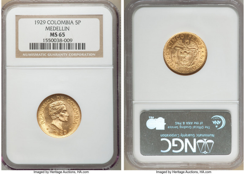 Republic gold 5 Pesos 1929 MS65 NGC, Medellin (MFDFLLIN) mint, KM204. Gem with b...