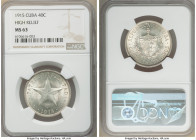 Republic "High Relief" Star 40 Centavos 1915 MS63 NGC, Philadelphia mint, KM14. Cartwheel luster slightly muted by a sheer veil of taupe colored tonin...