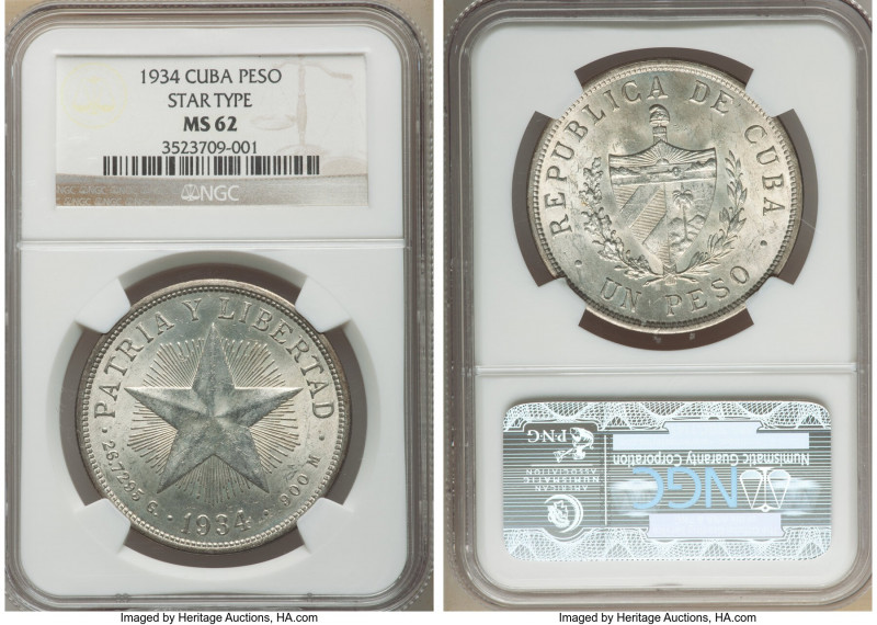 Republic "Star" Peso 1934 MS62 NGC, Philadelphia mint, KM15.2.

HID09801242017...