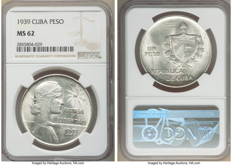 Republic "ABC" Peso 1939 MS62 NGC, Philadelphia mint, KM22. Last year of type. ...