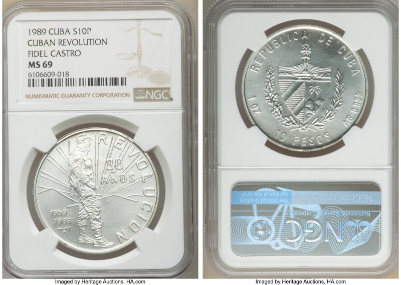 Republic 10 Pesos 1989 MS69 NGC, Havana mint, KM241.1. Cuban Revolution - Fidel ...
