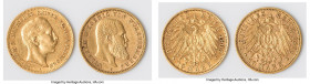 Pair of Uncertified Assorted gold 10 Marks XF, 1) Prussia: Wilhelm II gold 10 Mark 1905 - XF, Berlin mint, KM520 19.4mm. 3.95gm 2) Württemberg: Wilhel...