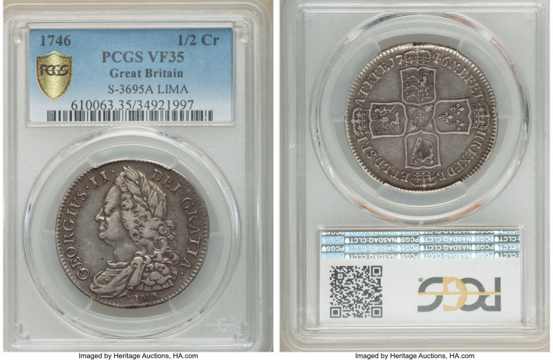 George II "Lima" 1/2 Crown 1746 VF35 PCGS, KM584.3, S-3695A. Struck from Spanish...