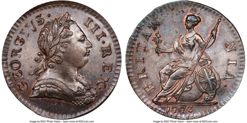 George III 1/2 Penny 1773 MS63 Brown NGC, KM601. Glossy brown with trace of red ...