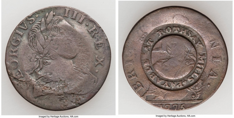 Isle of Bute. Rothesay Mills Counterstamped 1/2 Penny 1775 XF (Scratches), Scott...