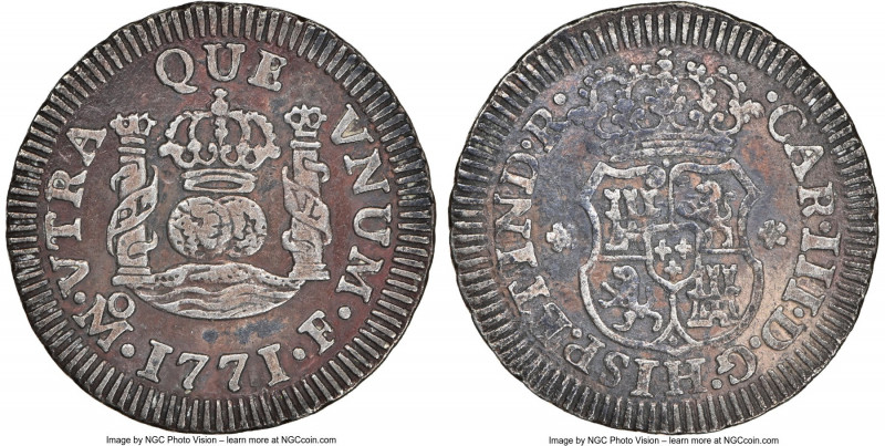 Charles III 1/2 Real 1771 Mo-F XF Details (Environmental Damage) NGC, Mexico Cit...
