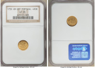 João V gold 400 Reis 1730 VF20 NGC, Lisbon mint, KM201. 

HID09801242017

© 2022 Heritage Auctions | All Rights Reserved