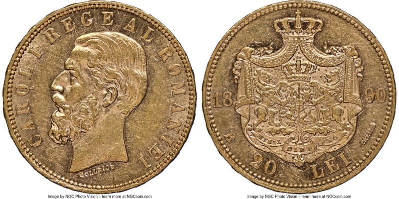 Carol I gold 20 Lei 1890-B AU58 NGC, Bucharest mint, KM20. Two year type. AGW 0....