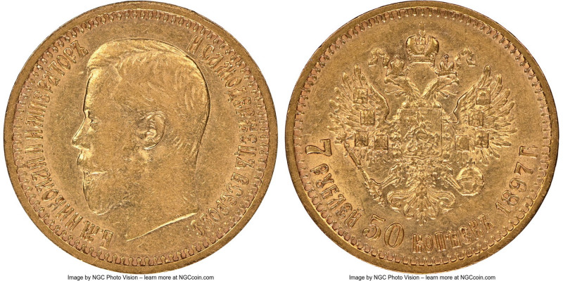 Nicholas II gold 7 Roubles 50 Kopecks 1897-AГ AU55 NGC, St. Petersburg mint, KM-...