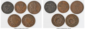 5-Piece Lot of Uncertified Assorted French Colonial Issues, 1) French Colonies: Louis XV 9 Deniers 1722-H - XF, 26mm. 6.85gm. 2) French Colonies: Loui...