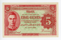 Malaya 5 Cents 1941 (1945)
P# 7b; Red on light green underprint. Portrait King George VI at left. AUNC-UNC