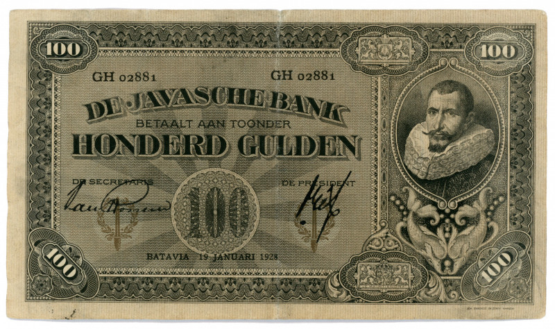 Netherlands Indies 100 Gulden 1928
P# 73b; #GH 02881;Signature 20; VF