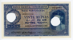 Portuguese India 20 Rupias 1945 Cancelled Note
P# 37; #074085; AUNC