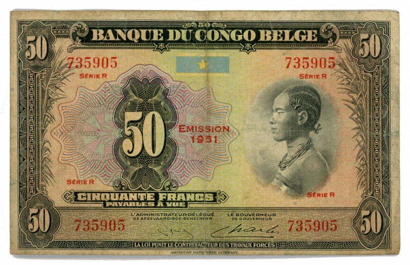 Belgian Congo 50 Francs 1951
P# 16i; #735905; Serie R; Overprint: EMISSION 1951...