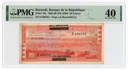 Burundi 50 Francs 1965 - 1966 (ND) PMG 40
P# 16a; #F496254; Overprint on Burundi #11a; XF