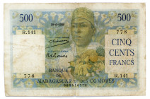Comoros 500 Francs 1950
P# 4a; #R.141 003516778; BANQUE DE MADAGASCAR ET DES COMORES; F