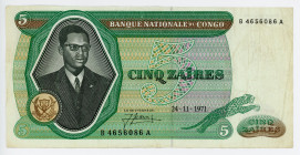 Congo Democratic Republic 5 Zaires 1971
P# 14a; #B4656086A; Rare year; VF
