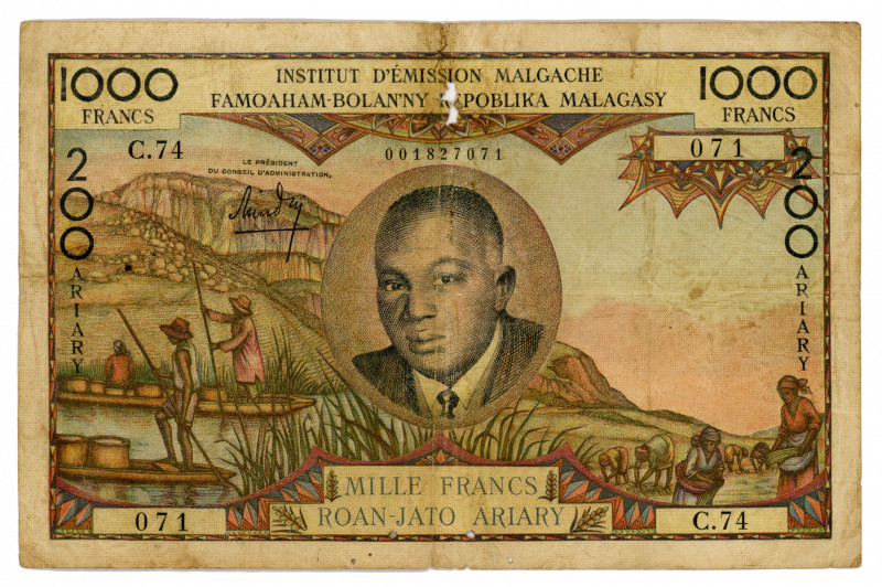 Madagascar 1000 Francs 200 Ariary 1963 (ND)
P# 56; #C.74 001827071; Malagasy; V...