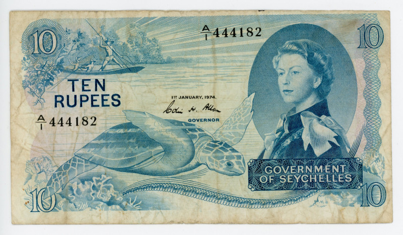 Seychelles 10 Rupees 1974
P# 15b; #A/1 444182; F-VF