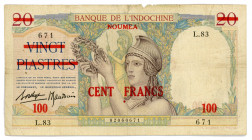 New Caledonia 100 Francs on 20 Piastres 1939 (ND) Overprint
P# 39; #L.83 02060671; Overprint: On French Indochina; F