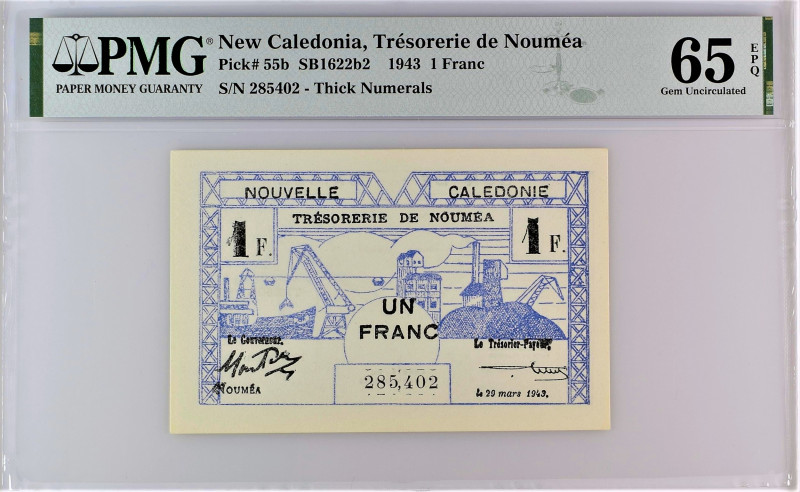 New Caledonia 1 Franc 1943 PMG 65
P# 55b; # 285,402