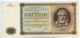 Slovakia 5000 Korun 1944 Specimen
P# 14s; # 3Lk 000986; UNC, Crispy