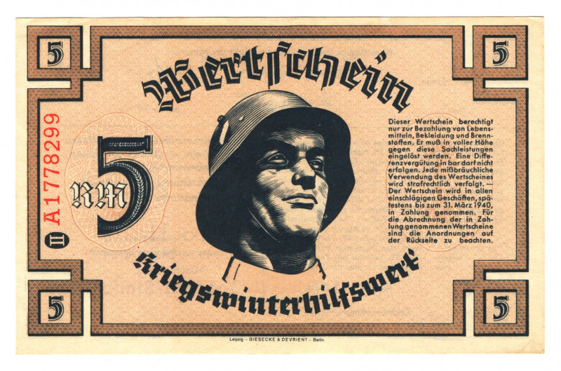 Germany - Third Reich Winterhelp 5 Reichsmark 1940 2nd Issue
P# NL; UNC