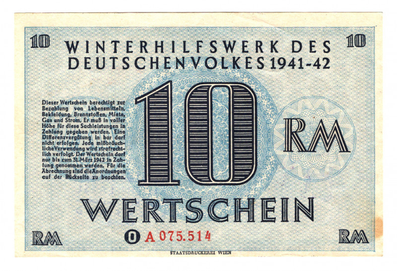 Germany - Third Reich Winterhelp 10 Reichsmark 1941 -1942
UNC-