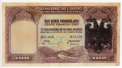 Albania 100 Franka Ari 1939 (ND)
P# 51a; # A 81,496; Italian Occupation WWII; VF