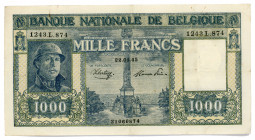 Belgium 1000 Francs 1945
P# 128b; #1243.L.874 31060874; VF