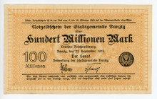 Danzig 100 Millionen Mark 1923
P# 27a; Watermark: Triangles; Black on light orange underprint. Uniface; XF