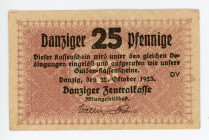 Danzig 25 Pfennige 1923
P# 36; Black on lilac-brown underprint. Uniface; XF