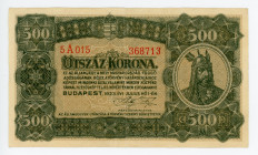Hungary 500 Korona 1923
P# 74b; #5A015 368713; Without imprint; VF-XF