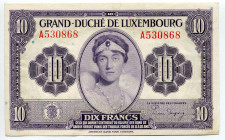 Luxembourg 10 Francs 1944 (ND)
P# 44a; # A530868; XF