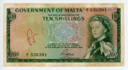 Malta 10 Shillings 1963 (ND)
P# 25a; #A/1 536391; VF