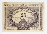 Monaco 25 Centimes 1920
P# 2a; Without embossed arms; AUNC