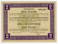 Montenegro 2 Perpera 1917
P# M149; # 067,598; UNC