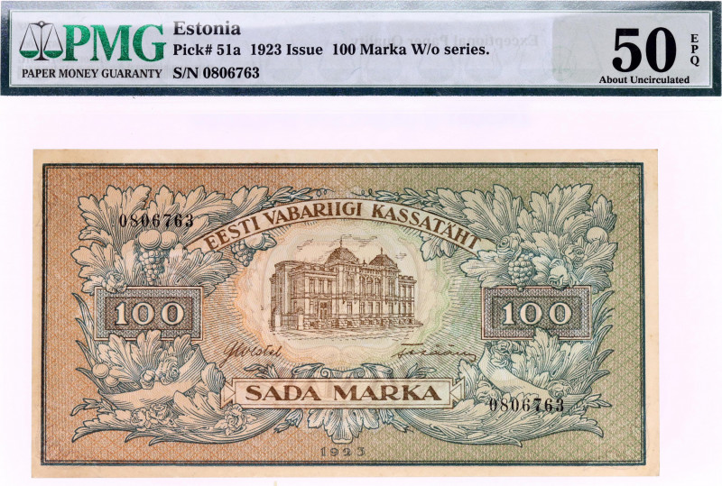 Estonia 100 Marka 1923 PMG 50
P# 51a. W/o series. PMG AUNC 50. Rare.
