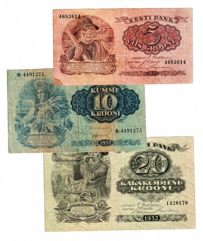Estonia 5-10-20 Krooni 1929 -1937
P# 62,64,67; VF-XF