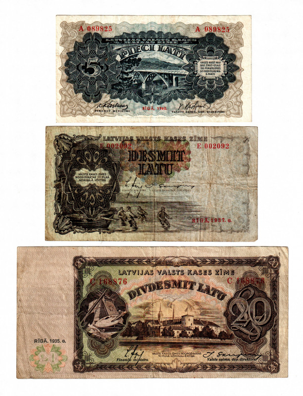 Latvia 5-10-20 Latu 1935 -1940
P# 29a,30a,34a; VF