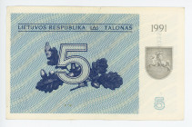 Lithuania 5 Talonas 1991
P# 34a; #CO 032809; Without Text; AUNC