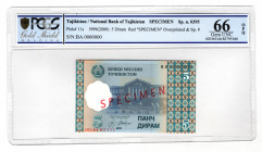 Tajikistan 5 Diram 1999 Specimen PCGS 66 OPQ
P# 11s; UNC