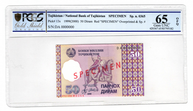 Tajikistan 50 Diram 1999 Specimen PCGS 65 OPQ
P# 13s; UNC