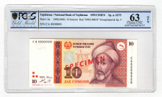 Tajikistan 10 Somoni 1999 Specimen PCGS 63 OPQ
P# 16s; UNC